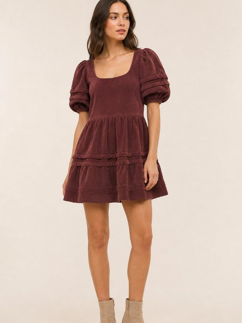 Madewell Burgundy Corduroy Puff-Sleeve Tiered Mini Dress XXS